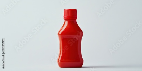 A medium-close-up captures a sleek, cylindrical ketchup bottle. Its vibrant red cap and glossy surface glisten under light, inviting a touch to its smooth texture. A generous pour awaits. (197 charact photo