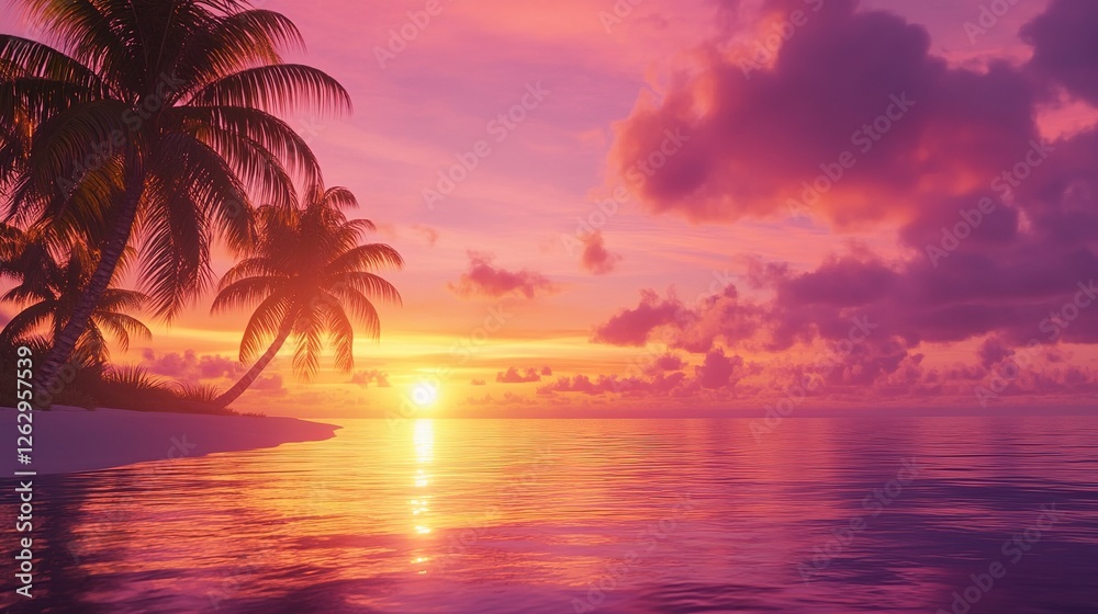 Tropical Sunset Over Calm Ocean With Palm Trees Tropical Sunset Over Calm Ocean With Palm Trees