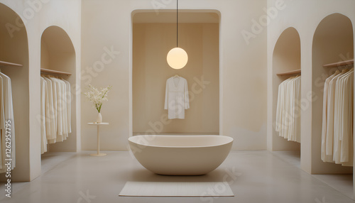 A minimalistic dressing room with a warm tone.