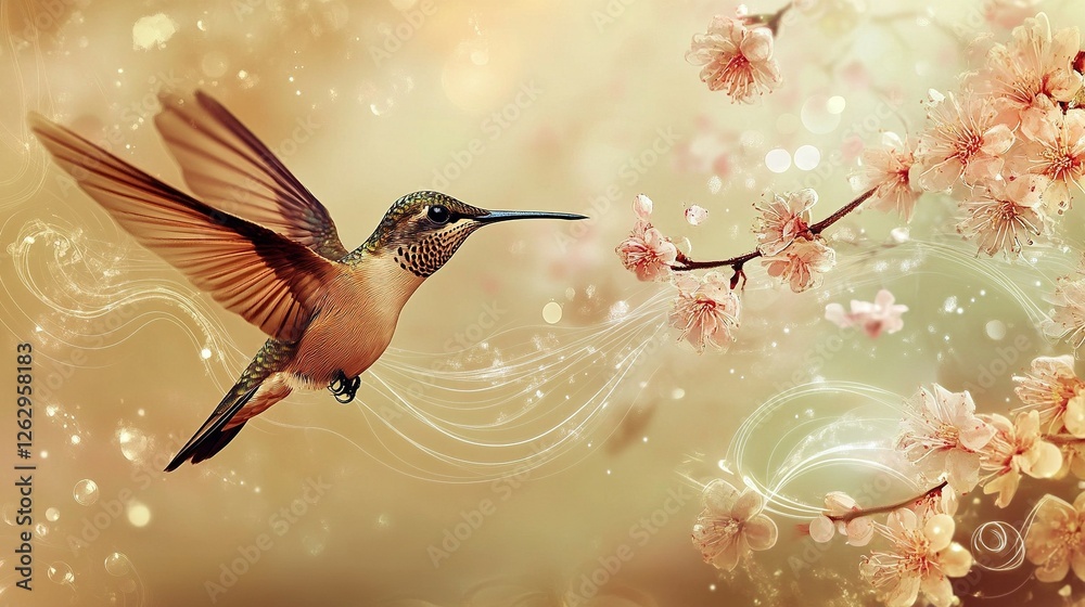 Naklejka premium A delicate hummingbird in flight, surrounded by blooming flowers and swirling lines symbolizing movement.