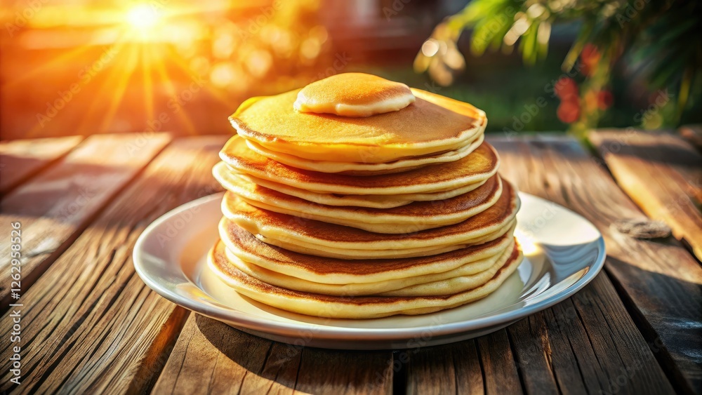 Fluffy pancakes piled high, a tempting breakfast scene shot from the sky. Drone view of a delectable pancake stack. Fluffy pancakes piled high, a tempting breakfast scene shot from the sky. Drone view of a delectable pancake stack.