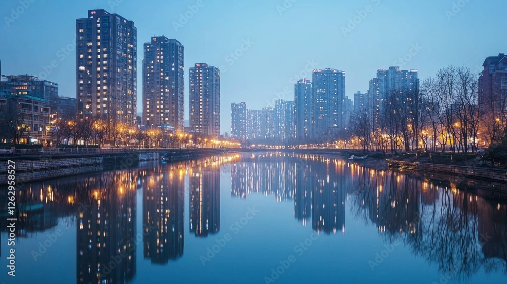 Naklejka premium Urban Cityscape at Dusk with Reflections on Calm Water Surface
