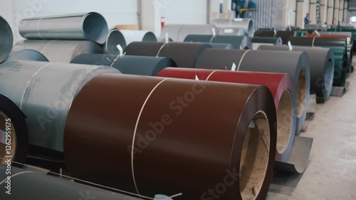 Steel coils stored in a warehouse showcasing various colors and finishes with an organized layout