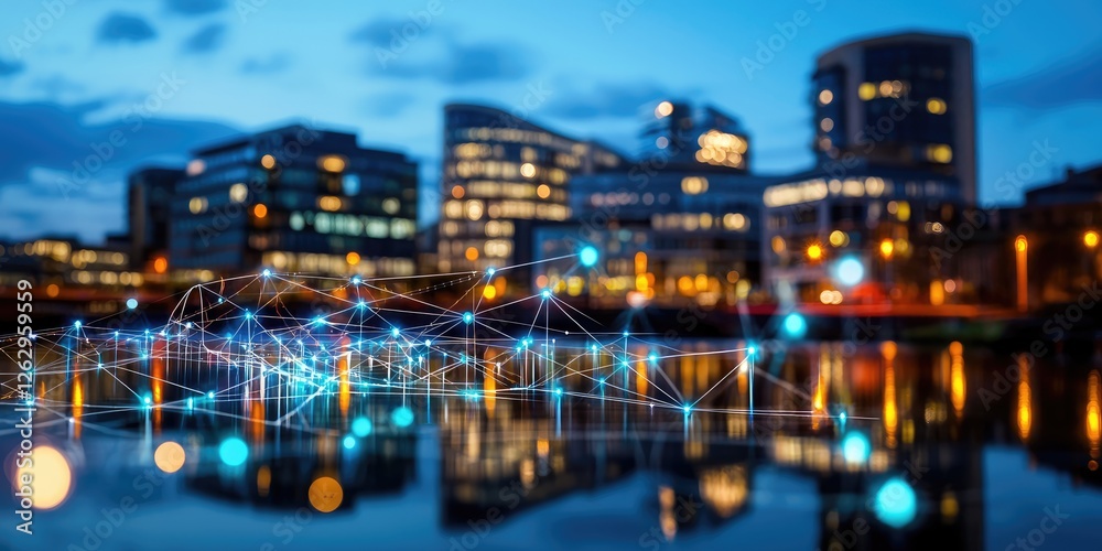 Dynamic line connection contrasting against a glowing urban skyline at dusk, with reflections on water enhancing the scene Dynamic line connection contrasting against a glowing urban skyline at dusk, with reflections on water enhancing the scene