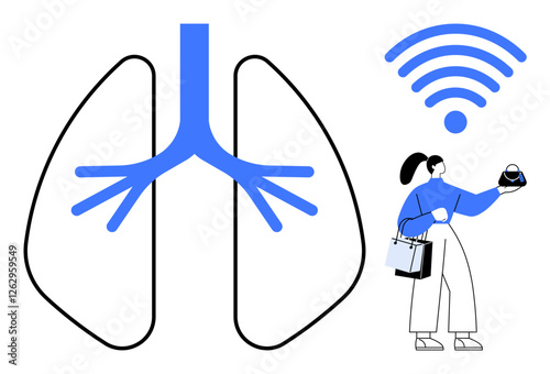 Diagram of lungs, wireless signal, and woman holding device with shopping bags. Ideal for health tech, remote monitoring, telemedicine, smart devices, online shopping, connectivity IoT in