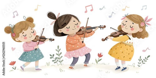 Cute Watercolor Illustration of Cartoon Children Playing Violins