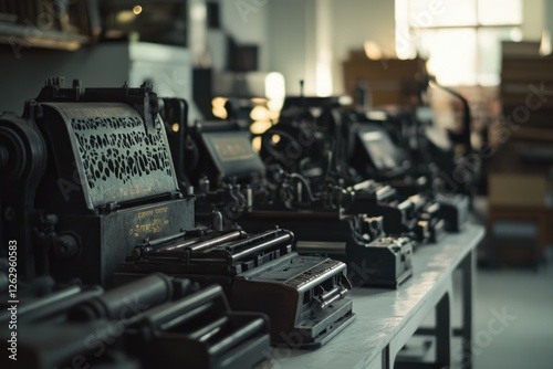 A collection of vintage typewriters and printing machines displayed on a table in a workshop.