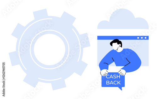 Man holding a cash back sign beside a browser window and a large gear. Ideal for illustrating concepts of finance, web services, technology, online shopping, and cashback rewards. Simple modern style