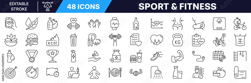 Sport and fitness Icon set. Editable stroke. Linear style. Sport and fitness Icon set. Editable stroke. Linear style.