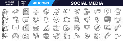 Social media and communication icon set. Editable stroke. Linear style.