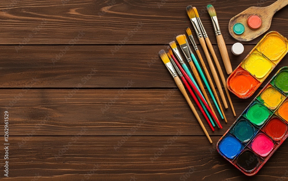 Obraz premium Colorful Watercolor Paints and Brushes on Wooden Background
