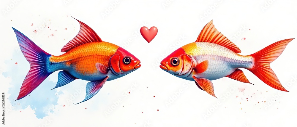 Fototapeta premium Colorful Fish & Hearts Watercolor Art