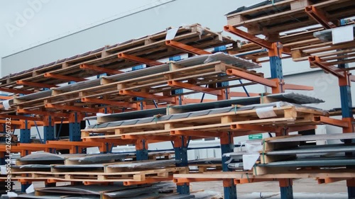 Warehouse filled with stacked materials and supplies for construction projects in an industrial setting