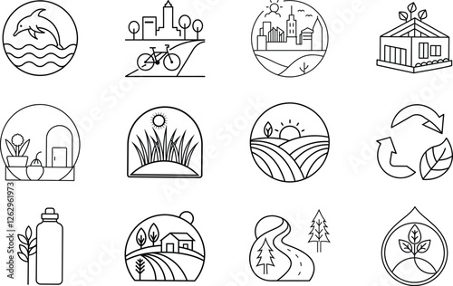 Wallpaper Mural Ecofriendly Line Art Icons Nature, City, and Sustainability Torontodigital.ca