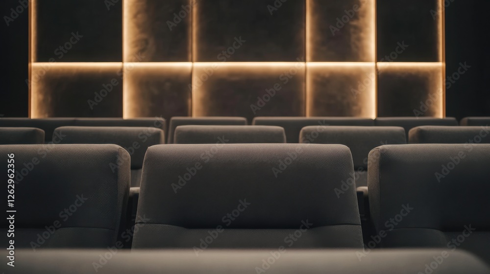 Fototapeta premium Empty theater seating rows in a dimly lit cinema interior with comfortable chairs