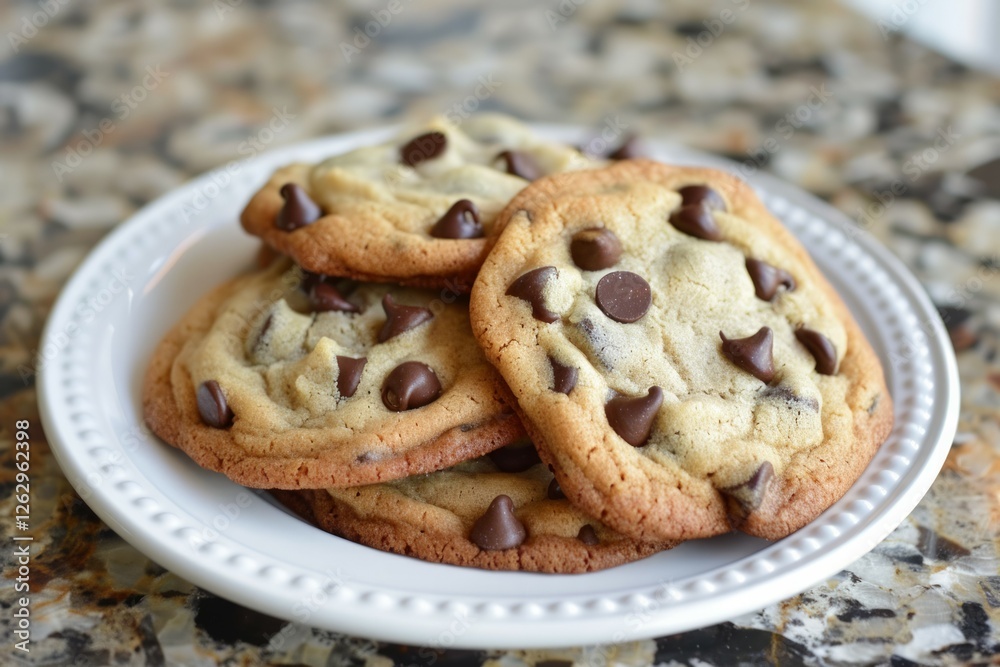 Stack of chocolate chip cookies on marble table. Neural network AI generated Stack of chocolate chip cookies on marble table. Neural network AI generated