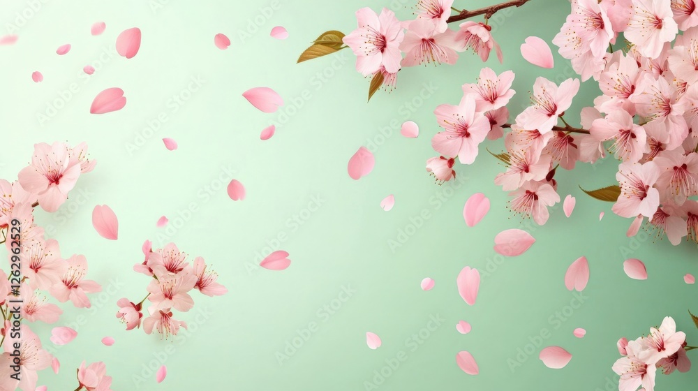 Delicate Cherry Blossom Flowers with Falling Petals on Mint Background Delicate Cherry Blossom Flowers with Falling Petals on Mint Background