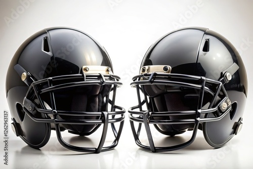 Black helmets, confronting each other, angled sharply in close-up. photo