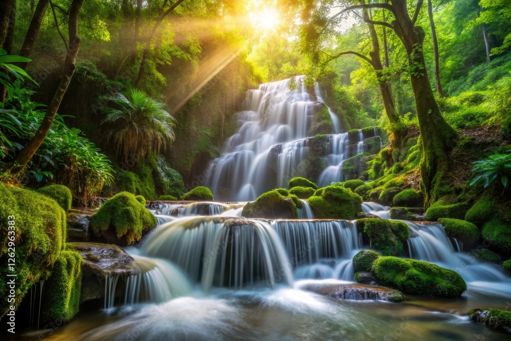 High-resolution product photo showcasing a vibrant tropical waterfall forest scene. High-resolution product photo showcasing a vibrant tropical waterfall forest scene.