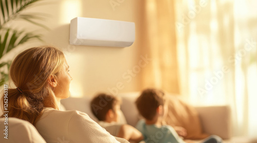 family enjoys cozy living room with reverse cycle air conditioner providing comfort, surrounded by warm sunlight and soft furnishings
