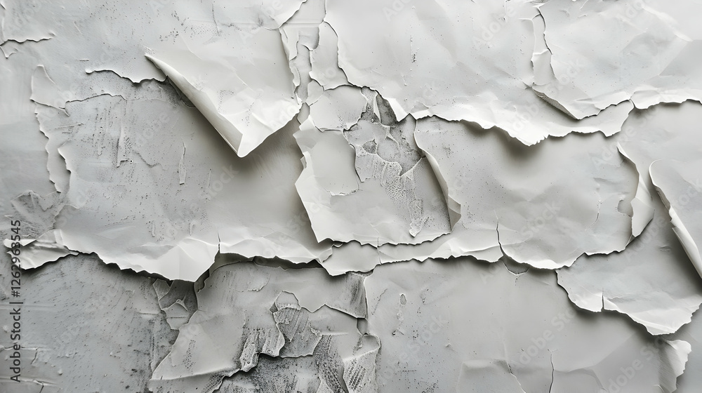 Obraz premium Close-up of textured, torn white paper layered over a gray background, creating an artistic composition
