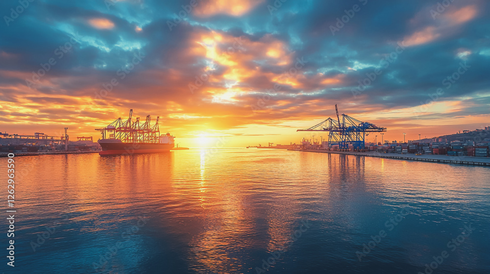 Container truck in ship port for business Logistics and transportation of Container Cargo ship and Cargo plane with working crane bridge in shipyard at sunrise, logistic import export and transport Container truck in ship port for business Logistics and transportation of Container Cargo ship and Cargo plane with working crane bridge in shipyard at sunrise, logistic import export and transport