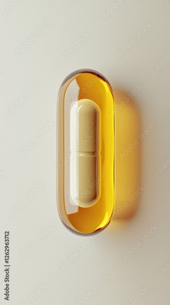 Transparent Capsule with Yellow Liquid on a Light Background