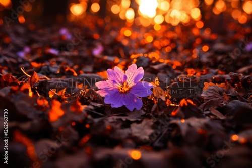 Purple flower, sunset through autumn leaves.  Possible stock photo use photo