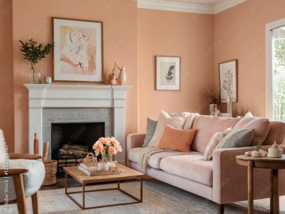 Fototapeta premium Peach walls living room features pink sofa and fireplace