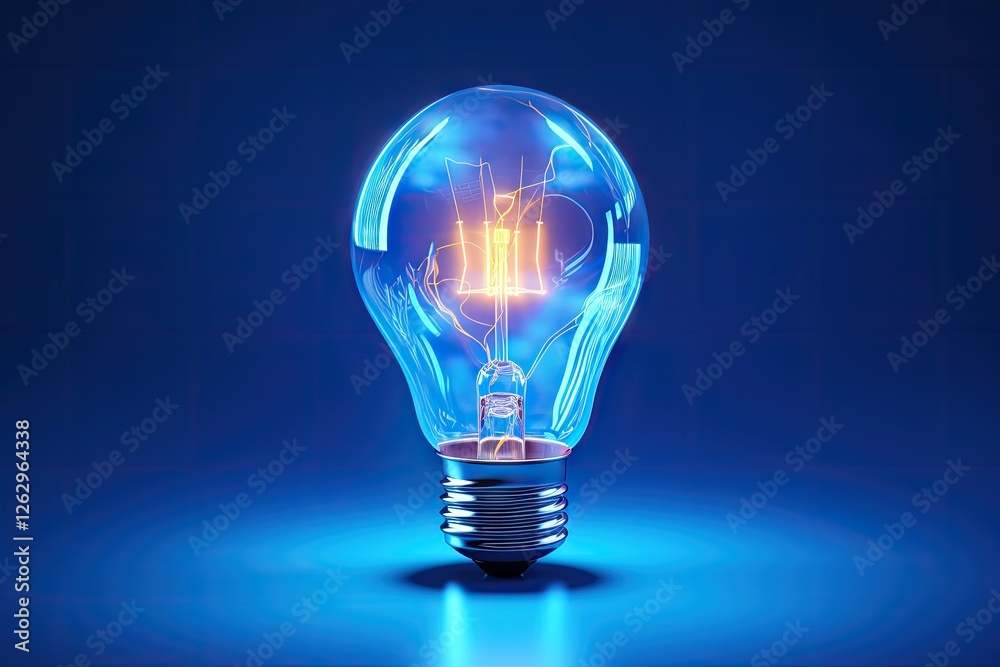 Glowing blue light bulb with orange fire flame inside on dark background. Creative energy concept for innovation, inspiration, idea, Christmas and New Year decoration Glowing blue light bulb with orange fire flame inside on dark background. Creative energy concept for innovation, inspiration, idea, Christmas and New Year decoration