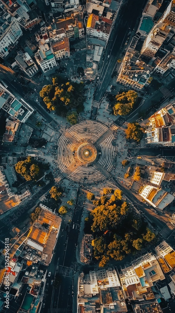 Obraz premium Aerial View of Urban Streets with Circular Park and Surrounding Cityscape