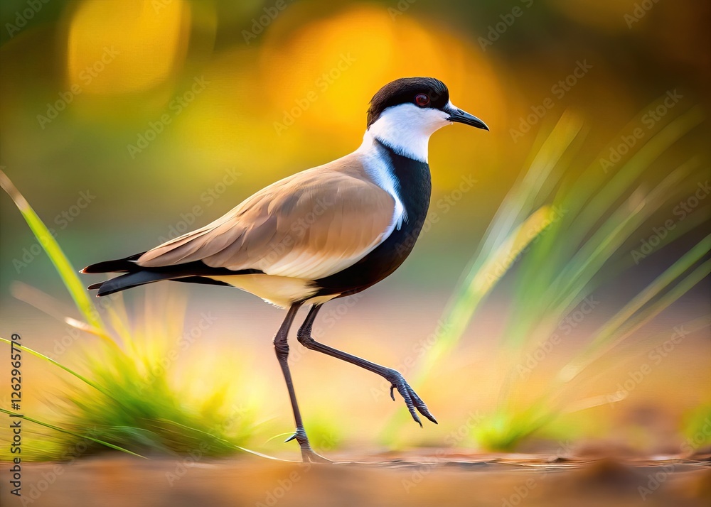 Obraz premium A Serengeti lapwing, a Tanzanian African bird, in a long exposure shot.