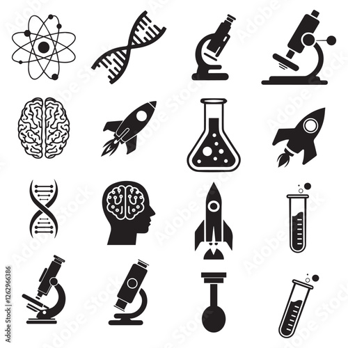 Silhouette science icons featuring a test tube, atom, DNA strand, microscope, rocket, and AI brain. Futuristic and clean vector style for educational and tech-related branding