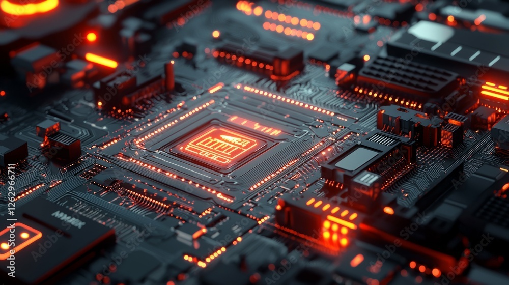 High-Tech Circuit Board with Glowing Orange Elements and Details High-Tech Circuit Board with Glowing Orange Elements and Details