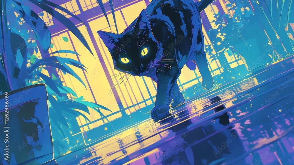 Fototapeta City Pop Cat, vibrant anime scene featuring a sleek black cat darting past a neon-lit movie theater marquee, bold outlines, simple colors, and a pop art aesthetic.
