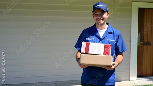 A smiling delivery driver in a blue uniform holds packages near a residential house, showing satisfaction in his occupation, in shipping and logistics services during the day.