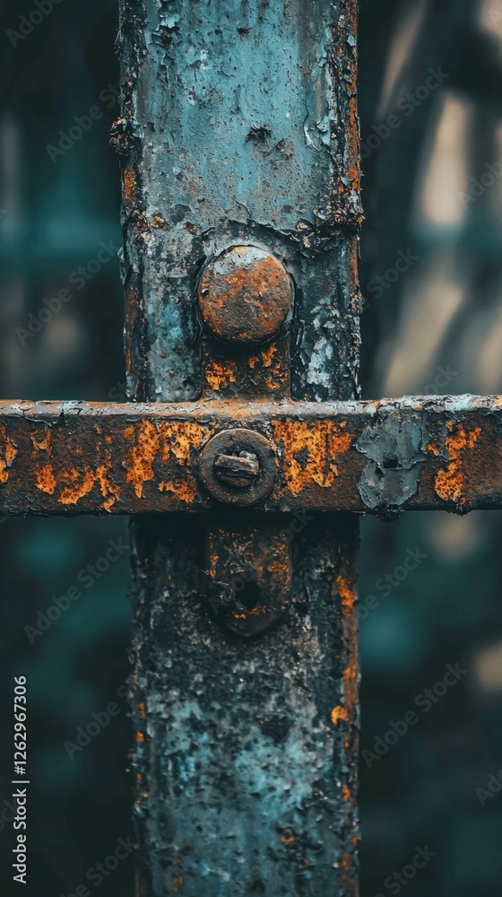 Rusty Metal Gate with Blue Paint and Weathered Texture Details
