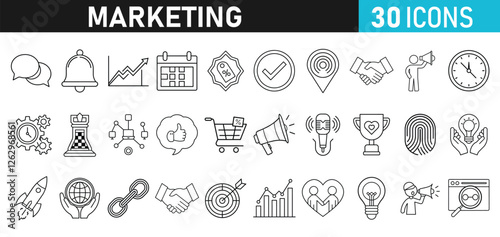 Digital Marketing set of web liner icons. Marketing icons for web and mobile app. e-commerce, SEO, business, Sales, analytics, ads, communication, content, connect, branding Vector illustration bundle