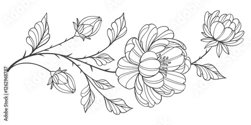 floral botanical black line art. Flowers and leaves line art hand drawn wreath. Vector illustration for wedding invitation save the date card, flower shop