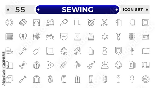 Simple Set of Sewing outline icon, knitting and cloth repair Related Vector Line Icons. Contains thin Icons as Leather, Thimble, Needle and more.Sewing equipment and needlework line icons set.