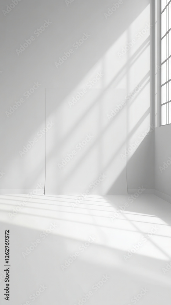 Fototapeta premium Minimalist light gray backdrop in sunlit room for design and creativity