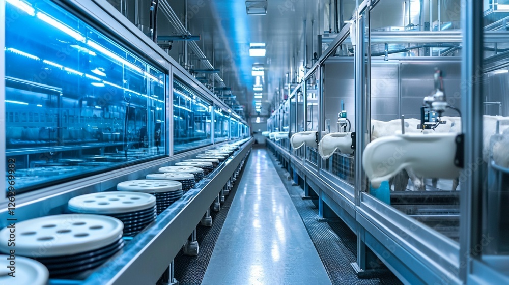Fototapeta premium High-tech Food Processing Facility Interior with Conveyor Belt and Machinery in a Sterile Environment, Showcasing Modern Production Techniques for Efficiency and Quality Control
