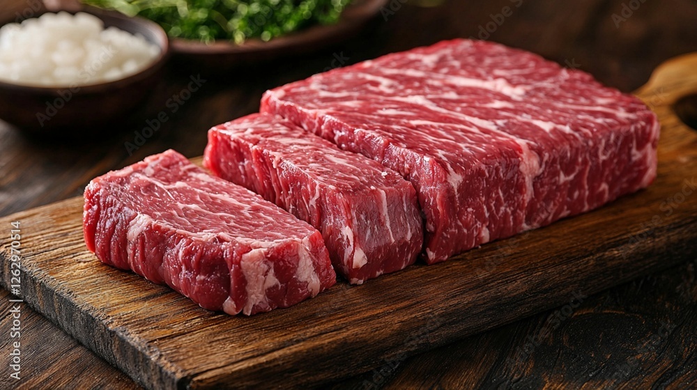 High-quality marbled beef cuts arranged on a wooden cutting board, showcasing rich textures and vibrant colors, perfect for gourmet cooking, grilling, or culinary presentations High-quality marbled beef cuts arranged on a wooden cutting board, showcasing rich textures and vibrant colors, perfect for gourmet cooking, grilling, or culinary presentations