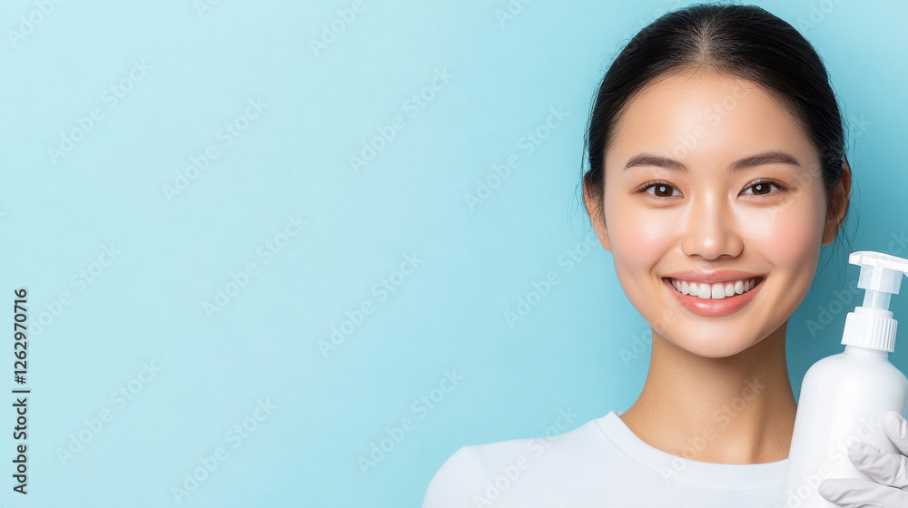 Close-up of smiling woman holding skincare bottle on blue background Close-up of smiling woman holding skincare bottle on blue background