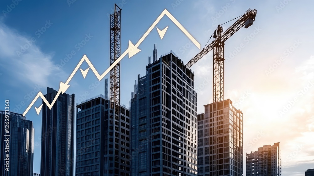 Fototapeta premium Construction site shows new buildings against a clear sky with a double exposure of growth graph, reflecting real estate progress