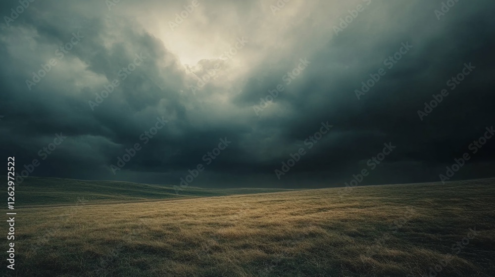 Dramatic Overcast Sky Above Rolling Hills and Golden Grassland