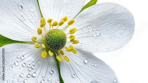 a morning dewcovered flower, glistening in soft spring sunlight, macro realism, isolated on white background photo