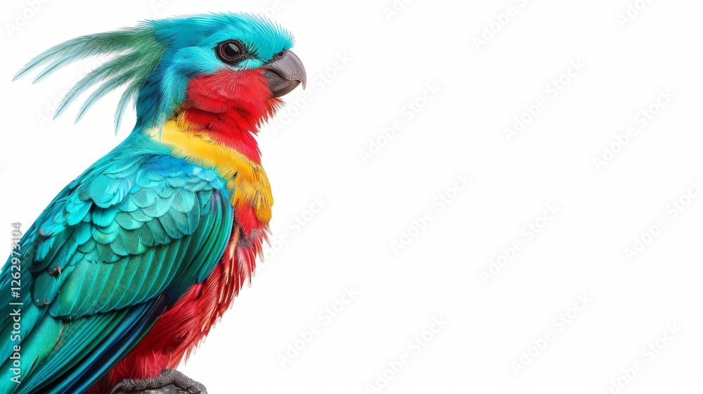 Obraz premium Vibrant Teal Parrot with Red and Yellow Plumage Perched on White Backdrop