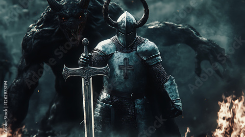 A hyper-realistic image of a valiant knight clad in shining silver armor, gripping a radiant cross in one hand and a gleaming sword in the other, as he faces off against a towering demonic figure.  photo