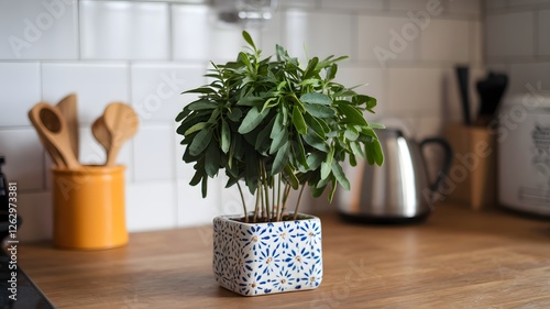 Curry leaf sprigs in a small kitchen planter. photo